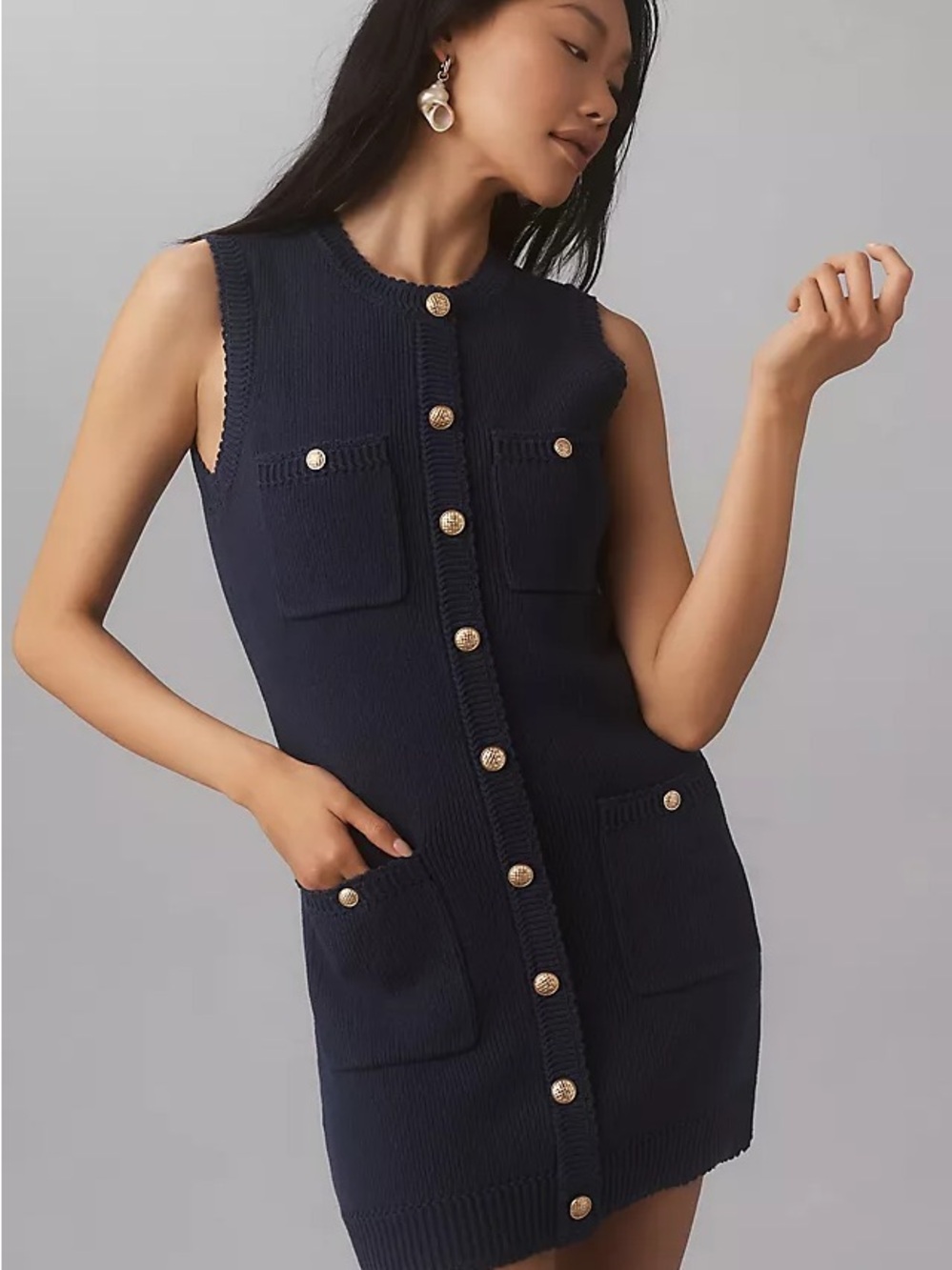 Caroline Constas Navy Sleeveless Knit Dress with Gold Buttons